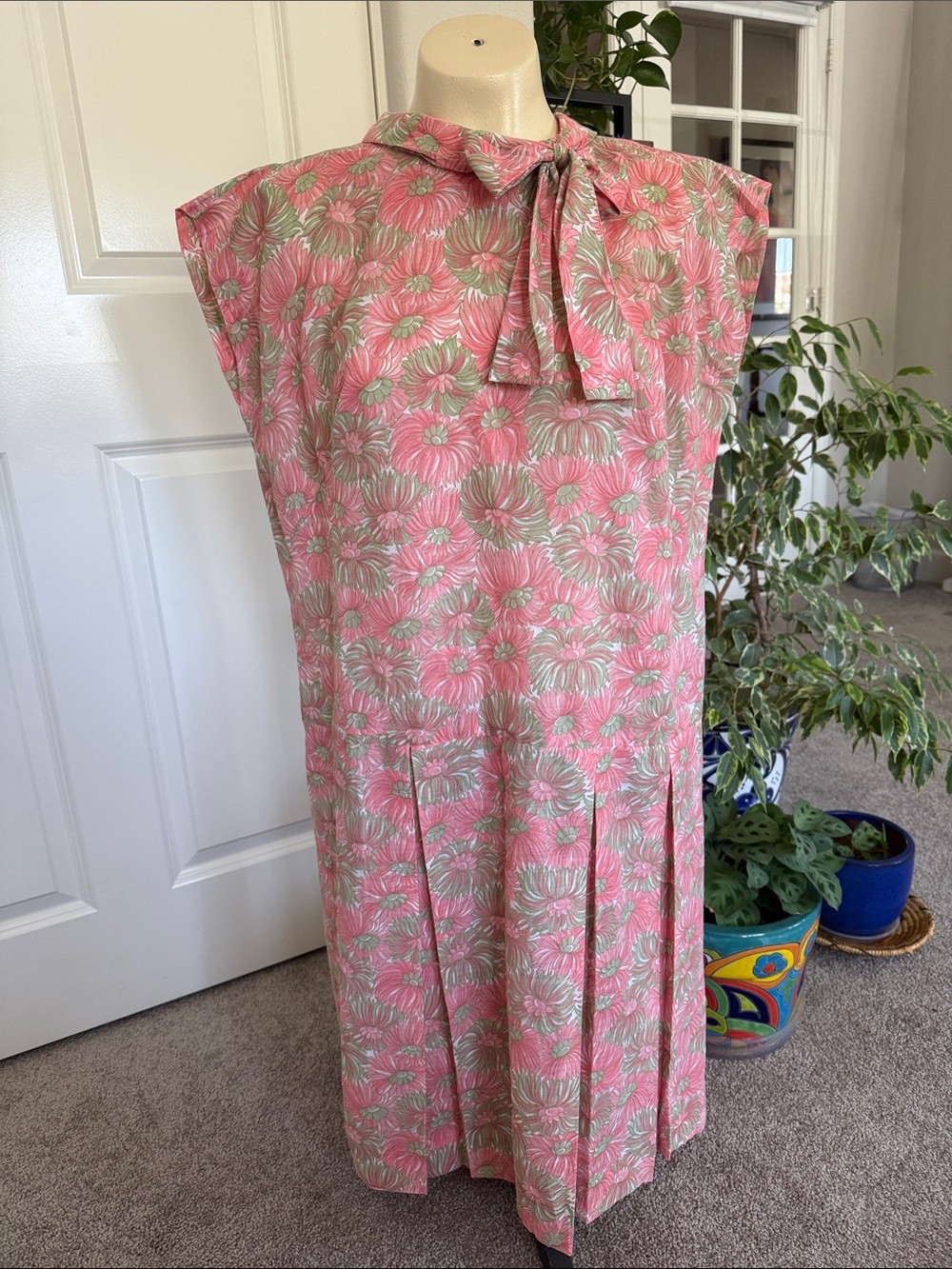 Vintage Pink and Green Floral Midi Dress with Neck Tie